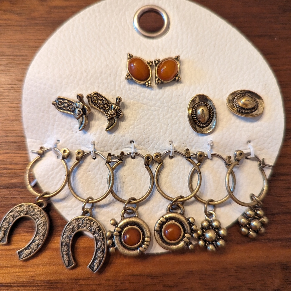 Free People Gold Brown Western Cowboy Earrings Set, NWT